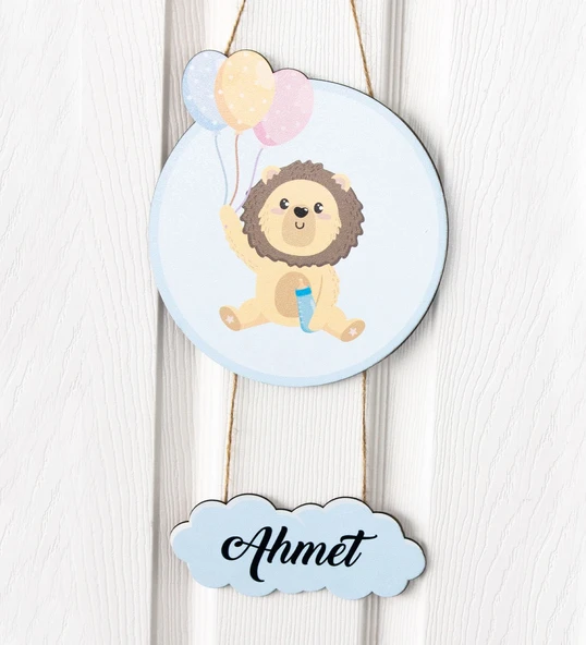 Meşgalem Balon Tutan Yavru Aslan Temalı Kişiye Özel Kapı Süsü ürün görseli