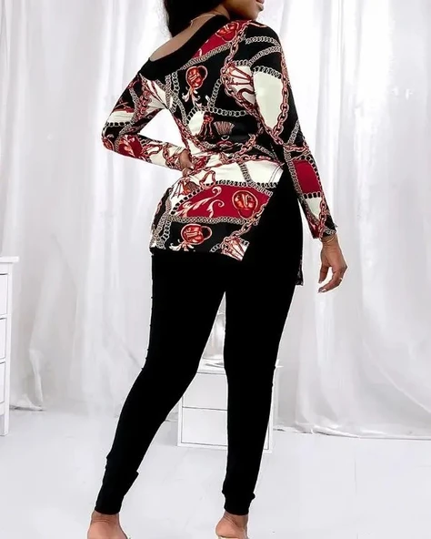 Kadın Uzun Kollu Zincir Desen Tek Omuz Düşük Mikro Bluz - Resim 5