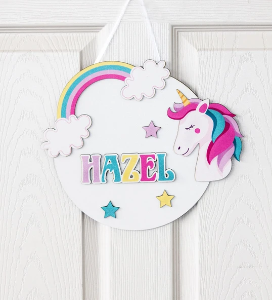 İsme Özel 3D Unicorn Bebek & Çocuk Odası Ahşap Kapı Süsü - Resim 2