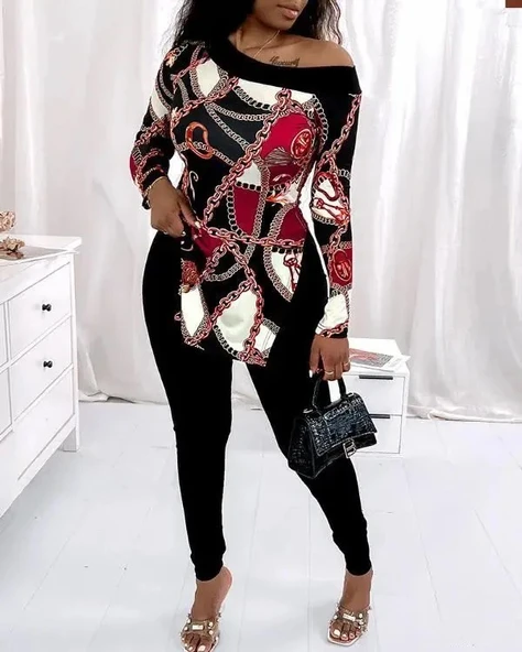 Kadın Uzun Kollu Zincir Desen Tek Omuz Düşük Mikro Bluz - Resim 4