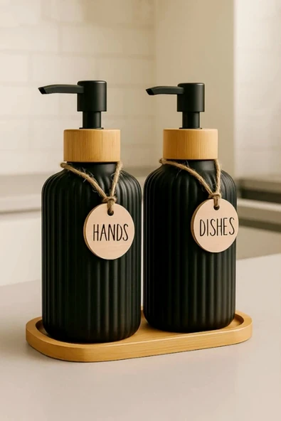 Tilbe Home 2’li Siyah Retro Dekoratif Mutfak Banyo Sıvı Cam Sabunluk Seti 500ml Bambu Stantlı Sabunluk Seti