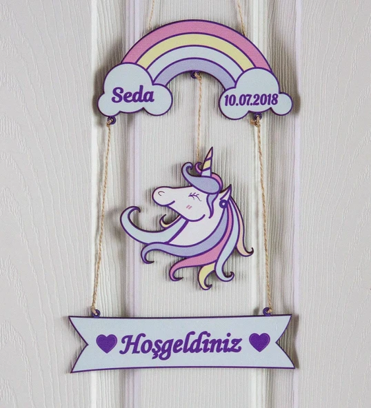 Meşgalem Unicorn ve Gökkuşağı Temalı Kişiye Özel Kapı Süsü ürün görseli
