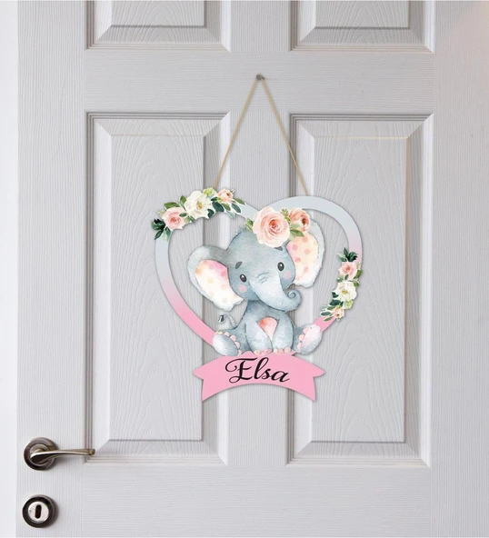 Meşgalem Kalp İçinde Fil Yavrusu Temalı Kişiye Özel Kapı Süsü ürün görseli