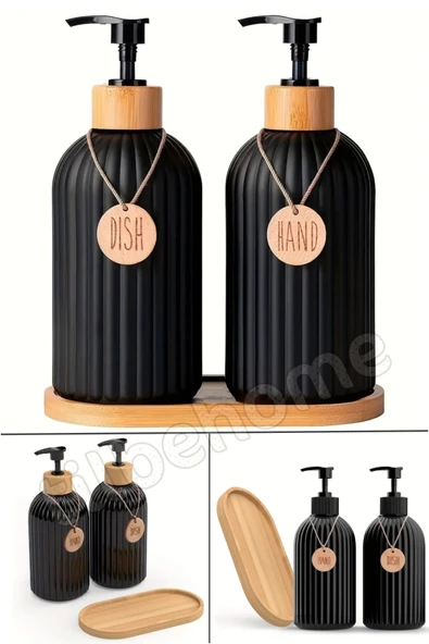 Tilbe Home 2’li Siyah Retro Dekoratif Mutfak Banyo Sıvı Cam Sabunluk Seti 500ml Bambu Stantlı Sabunluk Seti - 4