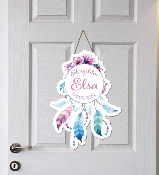 Meşgalem Renkli Kuş Tüyleri Temalı Kişiye Özel Kapı Süsü ürün görseli