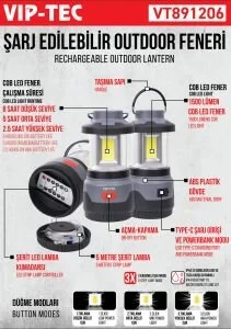 VİPTEC VT891206 ŞARJ EDİLEBİLİR OUTDOOR FENERİ ürün görseli