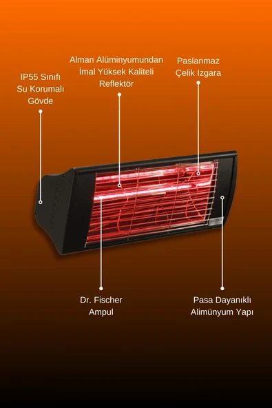 Goldsun Supra 2000 Watt GSS20LG Düşük Işıklı Kumandasız Suya Dayanıklı Elektrikli İnfrared Isıtıcı-Siyah - Resim 5