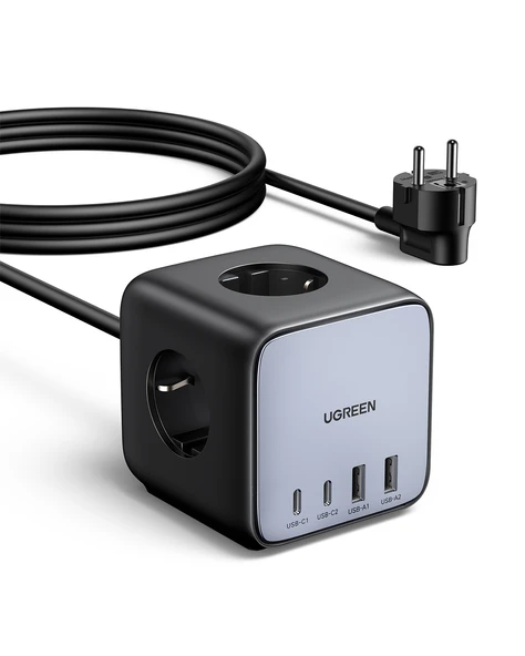 UGREEN DigiNest Cube 65W GaN 2 Hızlı Şarj Cihazı 2xUSB-C, 2xUSB-A, 3 lü Akım Korumalı Grup Priz, 60113