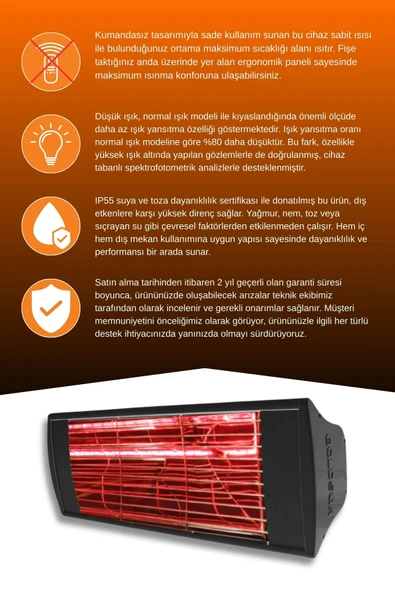 Goldsun Supra 2000 Watt GSS20LG Düşük Işıklı Kumandasız Suya Dayanıklı Elektrikli İnfrared Isıtıcı-Siyah - Resim 3