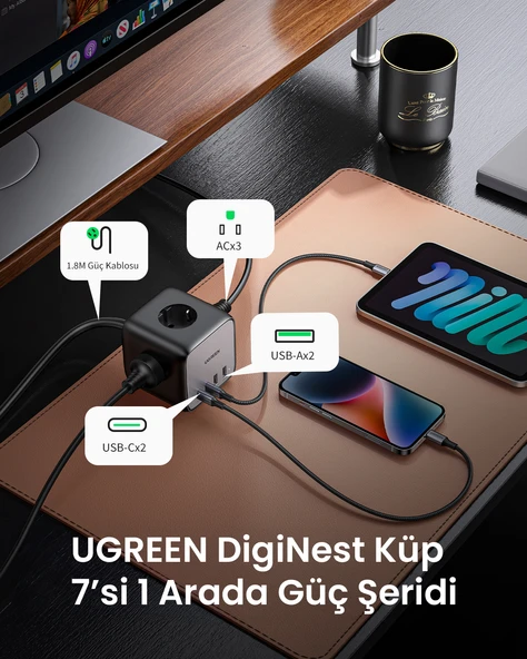 UGREEN DigiNest Cube 65W GaN 2 Hızlı Şarj Cihazı 2xUSB-C, 2xUSB-A, 3 lü Akım Korumalı Grup Priz, 60113 - 4