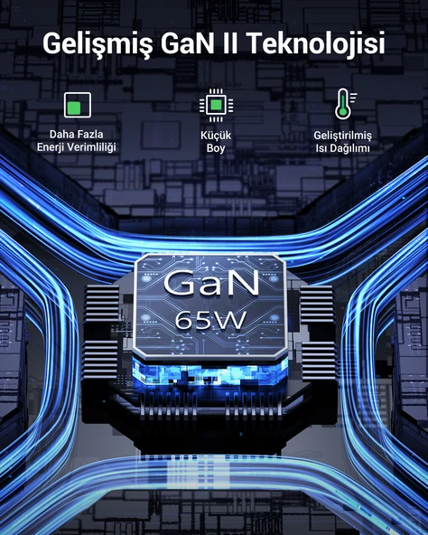 UGREEN Nexode 65W GaN 2 Masaüstü 4 Portlu Hızlı Şarj Cihazı İstasyonu 2xUSB-A, 2xUSB-C, Gri, 90747 - 7