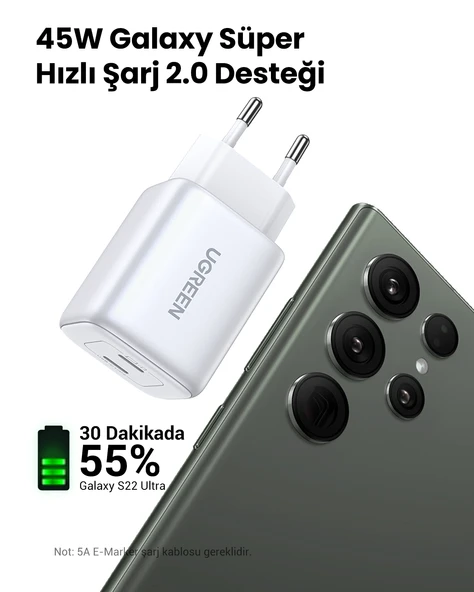 UGREEN Nexode 45W GaN Hızlı Şarj Cihazı USB-C QC PD 2xUSB-C, Beyaz, 15327 - 8