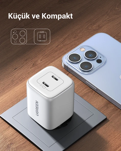 UGREEN Nexode 45W GaN Hızlı Şarj Cihazı USB-C QC PD 2xUSB-C, Beyaz, 15327 - 12
