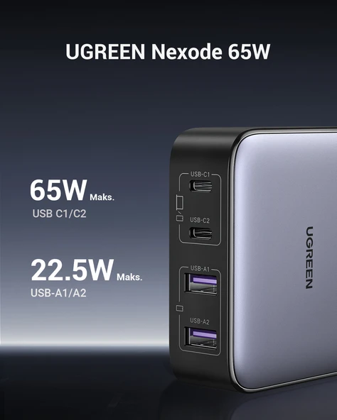 UGREEN Nexode 65W GaN 2 Masaüstü 4 Portlu Hızlı Şarj Cihazı İstasyonu 2xUSB-A, 2xUSB-C, Gri, 90747 - 2