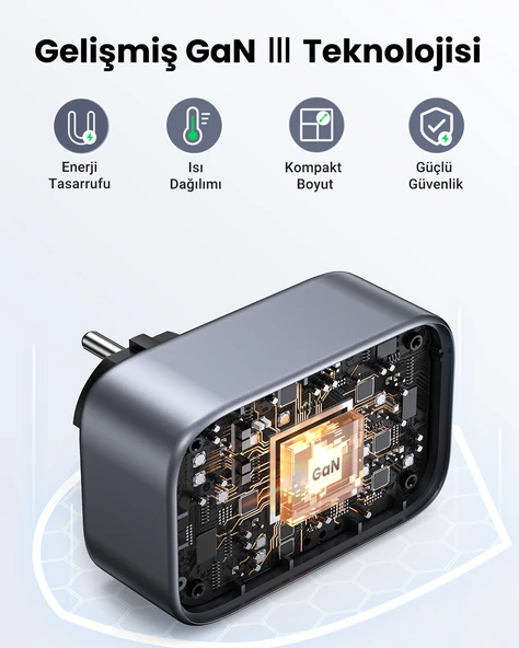 UGREEN Akım Korumalı Duvar Prizi 2xUSB-A, USB-C 30W GaN Hızlı Şarj Cihazı, 90613 - 8