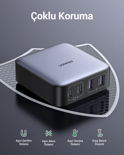 UGREEN Nexode 65W GaN 2 Masaüstü 4 Portlu Hızlı Şarj Cihazı İstasyonu 2xUSB-A, 2xUSB-C, Gri, 90747 - 8