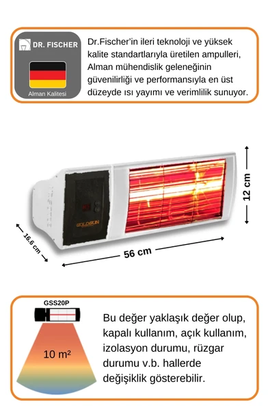Goldsun Supra Plus 2000 Watt GSS20P Kumandalı Suya Dayanıklı Elektrikli İnfrared Isıtıcı-Beyaz - Resim 4