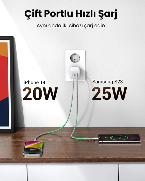 UGREEN Nexode 45W GaN Hızlı Şarj Cihazı USB-C QC PD 2xUSB-C, Beyaz, 15327 - 10