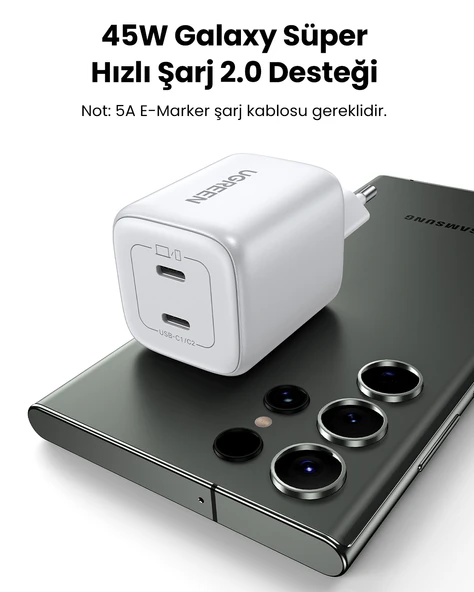 UGREEN Nexode 45W GaN Hızlı Şarj Cihazı USB-C QC PD 2xUSB-C, Beyaz, 15327 - 7