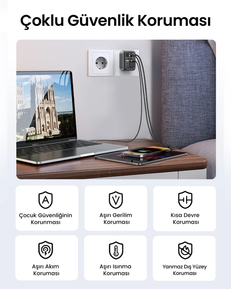 UGREEN Akım Korumalı Duvar Prizi 2xUSB-A, USB-C 30W GaN Hızlı Şarj Cihazı, 90613 - 10