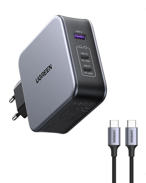 UGREEN Nexode 140W GaN 3 Portlu Hızlı Şarj Cihazı 2xUSB-C, 1xUSB-A QC 4.0 PD 3.1, Uzay Grisi, 90549 - 1