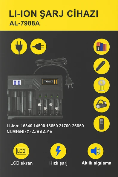 Li-İon PİL Şarj Cihazı Akıllı LCD Ekran, Hızlı Şarj, Çoklu Pil Desteği AA/AAA/9V, 18650, 21700, 26650) - 2