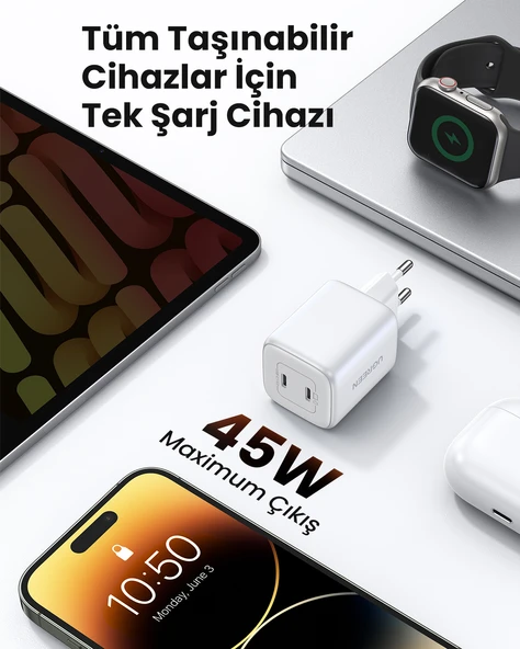 UGREEN Nexode 45W GaN Hızlı Şarj Cihazı USB-C QC PD 2xUSB-C, Beyaz, 15327 - 11