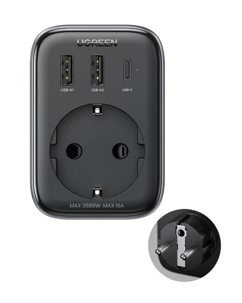 UGREEN Akım Korumalı Duvar Prizi 2xUSB-A, USB-C 30W GaN Hızlı Şarj Cihazı, 90613 - 3
