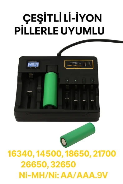 Li-İon PİL Şarj Cihazı Akıllı LCD Ekran, Hızlı Şarj, Çoklu Pil Desteği AA/AAA/9V, 18650, 21700, 26650) - 4