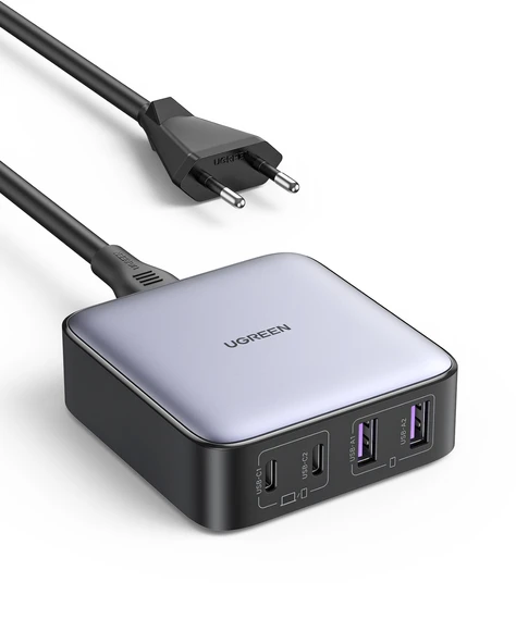 UGREEN Nexode 65W GaN 2 Masaüstü 4 Portlu Hızlı Şarj Cihazı İstasyonu 2xUSB-A, 2xUSB-C, Gri, 90747