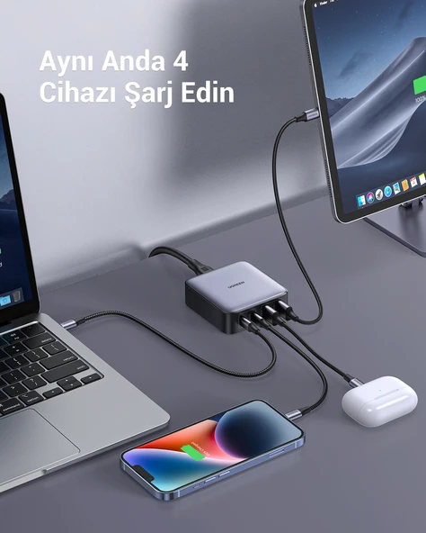 UGREEN Nexode 65W GaN 2 Masaüstü 4 Portlu Hızlı Şarj Cihazı İstasyonu 2xUSB-A, 2xUSB-C, Gri, 90747 - 4