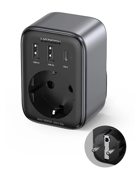 UGREEN Akım Korumalı Duvar Prizi 2xUSB-A, USB-C 30W GaN Hızlı Şarj Cihazı, 90613 - 1