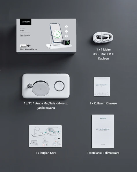 UGREEN 3'ü 1 Arada MagSafe 25W Kablosuz Şarj Standı, 90326 - 9