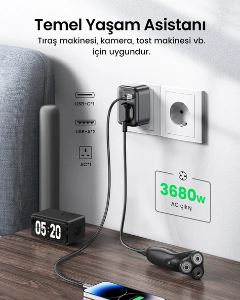 UGREEN Akım Korumalı Duvar Prizi 2xUSB-A, USB-C 30W GaN Hızlı Şarj Cihazı, 90613 - 6