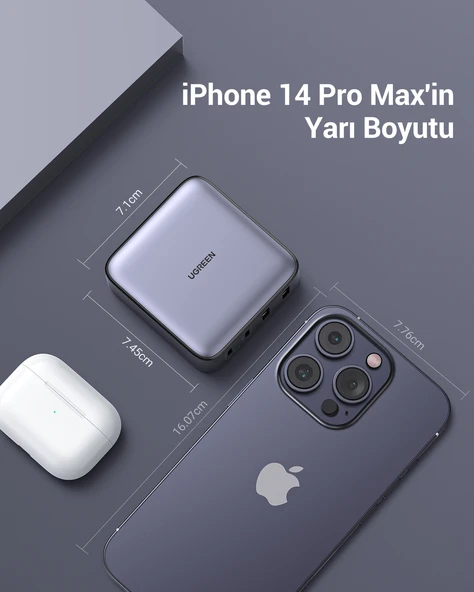 UGREEN Nexode 65W GaN 2 Masaüstü 4 Portlu Hızlı Şarj Cihazı İstasyonu 2xUSB-A, 2xUSB-C, Gri, 90747 - 9