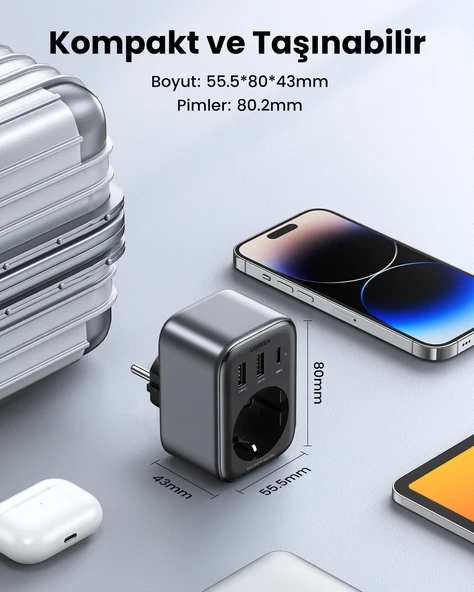 UGREEN Akım Korumalı Duvar Prizi 2xUSB-A, USB-C 30W GaN Hızlı Şarj Cihazı, 90613 - 9