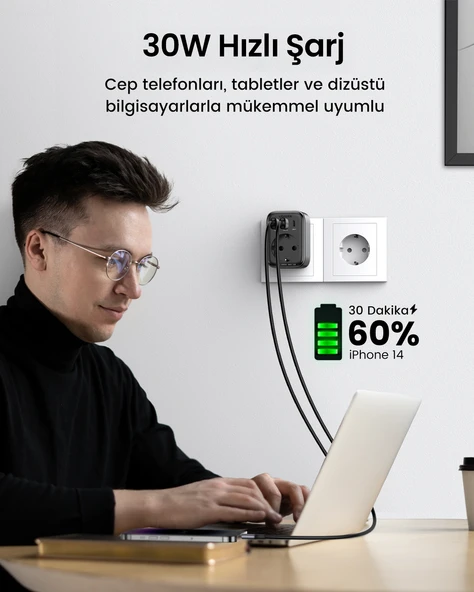 UGREEN Akım Korumalı Duvar Prizi 2xUSB-A, USB-C 30W GaN Hızlı Şarj Cihazı, 90613 - 5