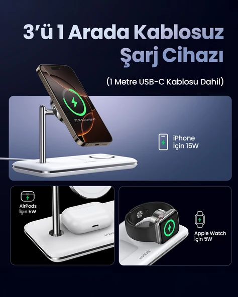 UGREEN 3'ü 1 Arada MagSafe 25W Kablosuz Şarj Standı, 90326 - 5