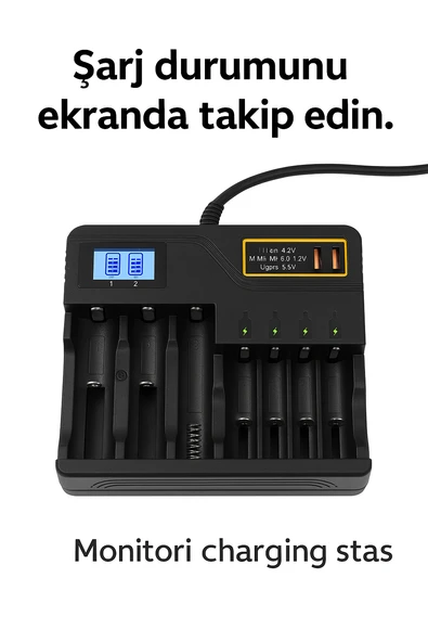 Li-İon PİL Şarj Cihazı Akıllı LCD Ekran, Hızlı Şarj, Çoklu Pil Desteği AA/AAA/9V, 18650, 21700, 26650) - 5