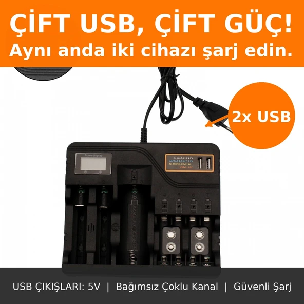 Li-İon PİL Şarj Cihazı Akıllı LCD Ekran, Hızlı Şarj, Çoklu Pil Desteği AA/AAA/9V, 18650, 21700, 26650)