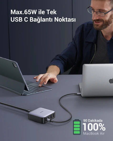 UGREEN Nexode 65W GaN 2 Masaüstü 4 Portlu Hızlı Şarj Cihazı İstasyonu 2xUSB-A, 2xUSB-C, Gri, 90747 - 3