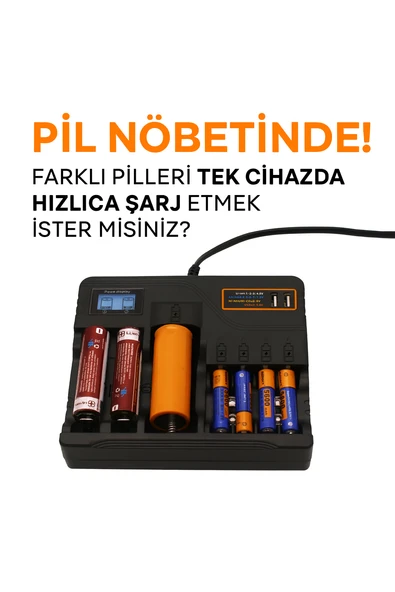 Li-İon PİL Şarj Cihazı Akıllı LCD Ekran, Hızlı Şarj, Çoklu Pil Desteği AA/AAA/9V, 18650, 21700, 26650) - 3