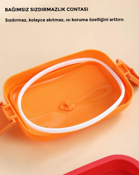 Hamburger Desenli Dikdörtgen Çelik İki Katlı Vakumlu Beslenme Kabı Saklama Kabı - 6