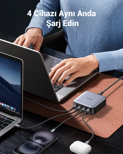 UGREEN Nexode 100W GaN Masaüsü Hızlı Şarj Cihazı USB-C QC PD 4 Portlu 3xUSB-C, 1xUSB-A, Gri, 90928 - 3