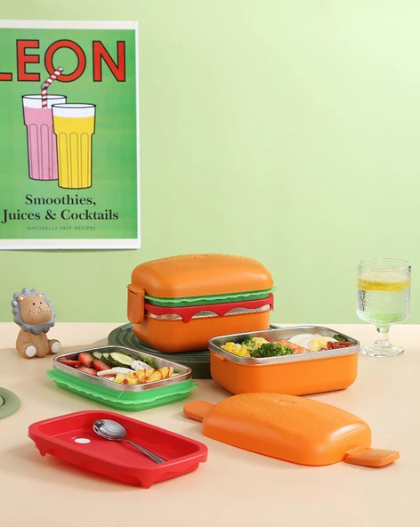 Hamburger Desenli Dikdörtgen Çelik İki Katlı Vakumlu Beslenme Kabı Saklama Kabı - 3