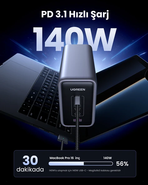 UGREEN Nexode 300W GaN 5 Portlu Hızlı Şarj Cihazı İstasyonu, 4xUSB-C, 1xUSB-A, Gri, 90903B - 4
