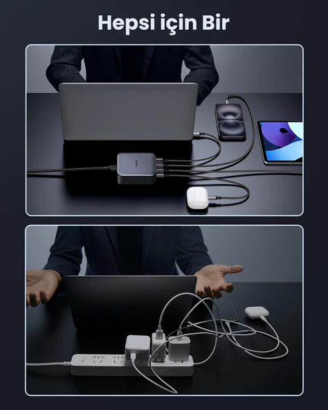 UGREEN Nexode 100W GaN Masaüsü Hızlı Şarj Cihazı USB-C QC PD 4 Portlu 3xUSB-C, 1xUSB-A, Gri, 90928 - 5