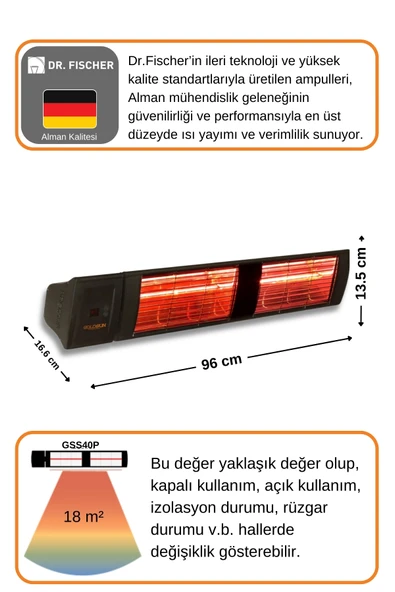 Goldsun Supra Plus 4000 Watt GSS40P Kumandalı Suya Dayanıklı Elektrikli İnfrared Isıtıcı-SiyaH - Resim 4