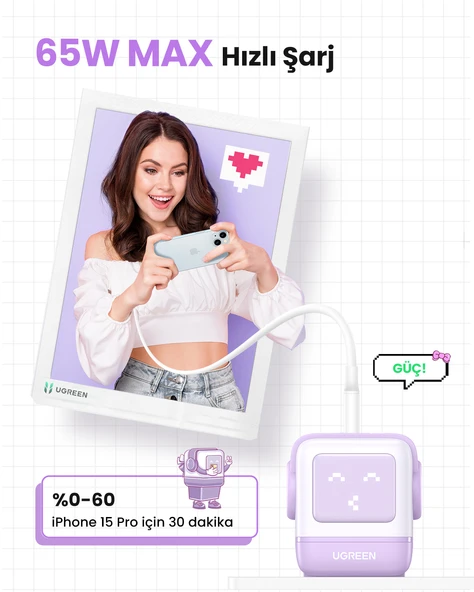 UGREEN Nexode Uno 65W Robot GaN Hızlı Şarj Cihazı, Mor, 35291 - 11