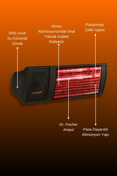 Goldsun Supra Plus 2000 Watt GSS20PLG Düşük Işık Kumandalı Suya Dayanıklı Elektrikli İnfrared Isıtıcı-Siyah - Resim 5